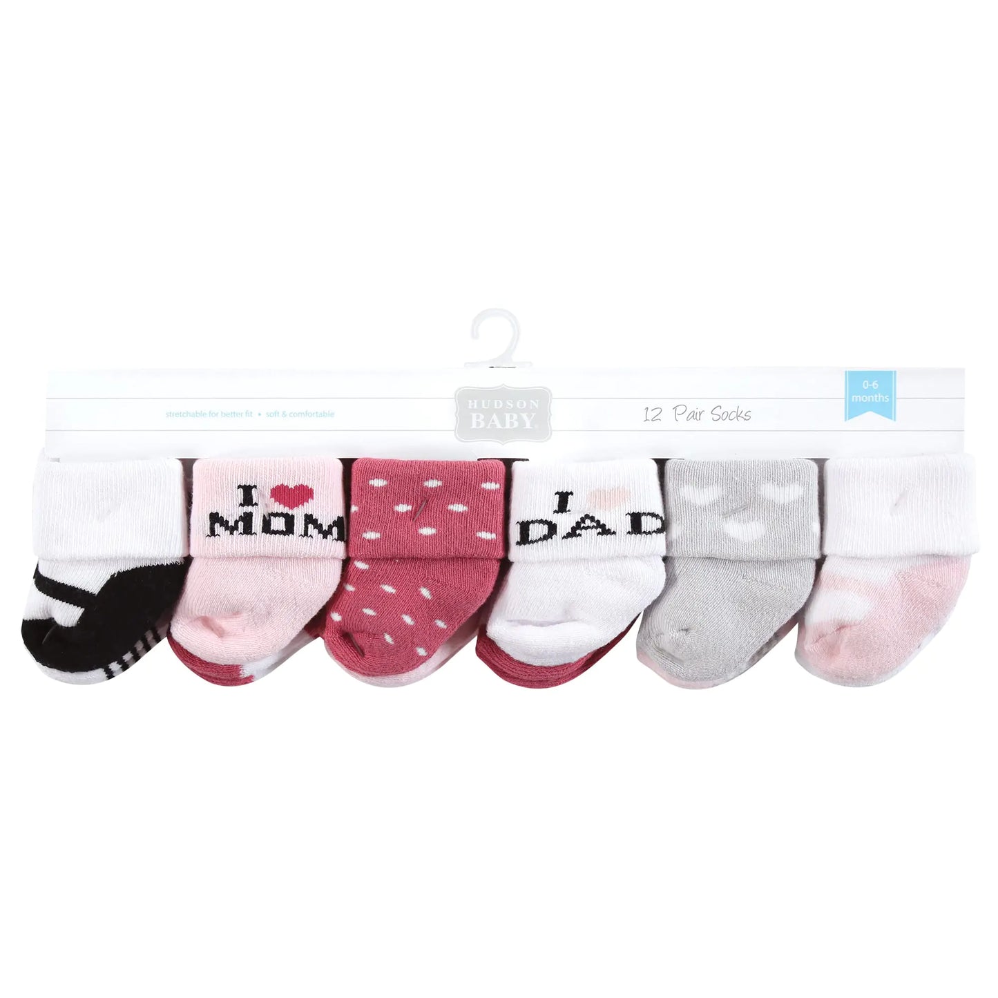 Hudson Baby Baby Girls' Cotton Rich Newborn and Terry Socks 6-12 Months Mom and Dad Girl Pink Black 12-pack