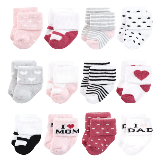 Hudson Baby Baby Girls' Cotton Rich Newborn and Terry Socks 6-12 Months Mom and Dad Girl Pink Black 12-pack