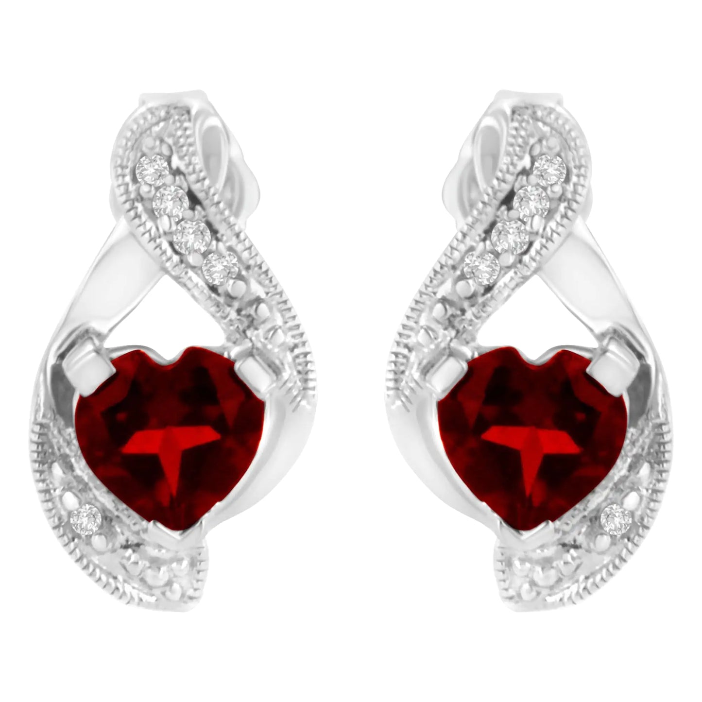 14KT White Gold 6x6mm Created Red Heart Garnet and Diamond Accent Earrings (I-J, I1-I2)