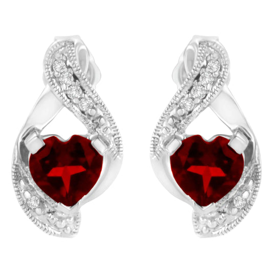 14KT White Gold 6x6mm Created Red Heart Garnet and Diamond Accent Earrings (I-J, I1-I2)