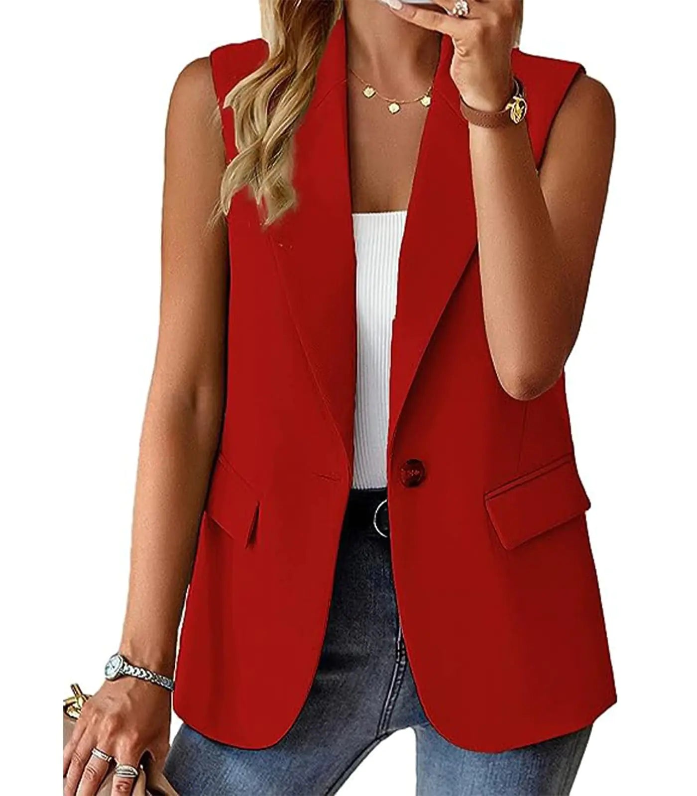 M Red Sleeveless Blazer Vest Women